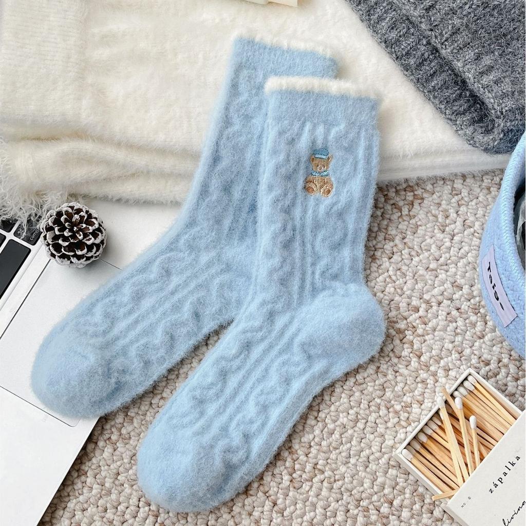 Super Winter Bear Warmth Thickened Bow Australian Velvet Cartoon Winter Sleep Socks Mid-Tube Embroidered Blue