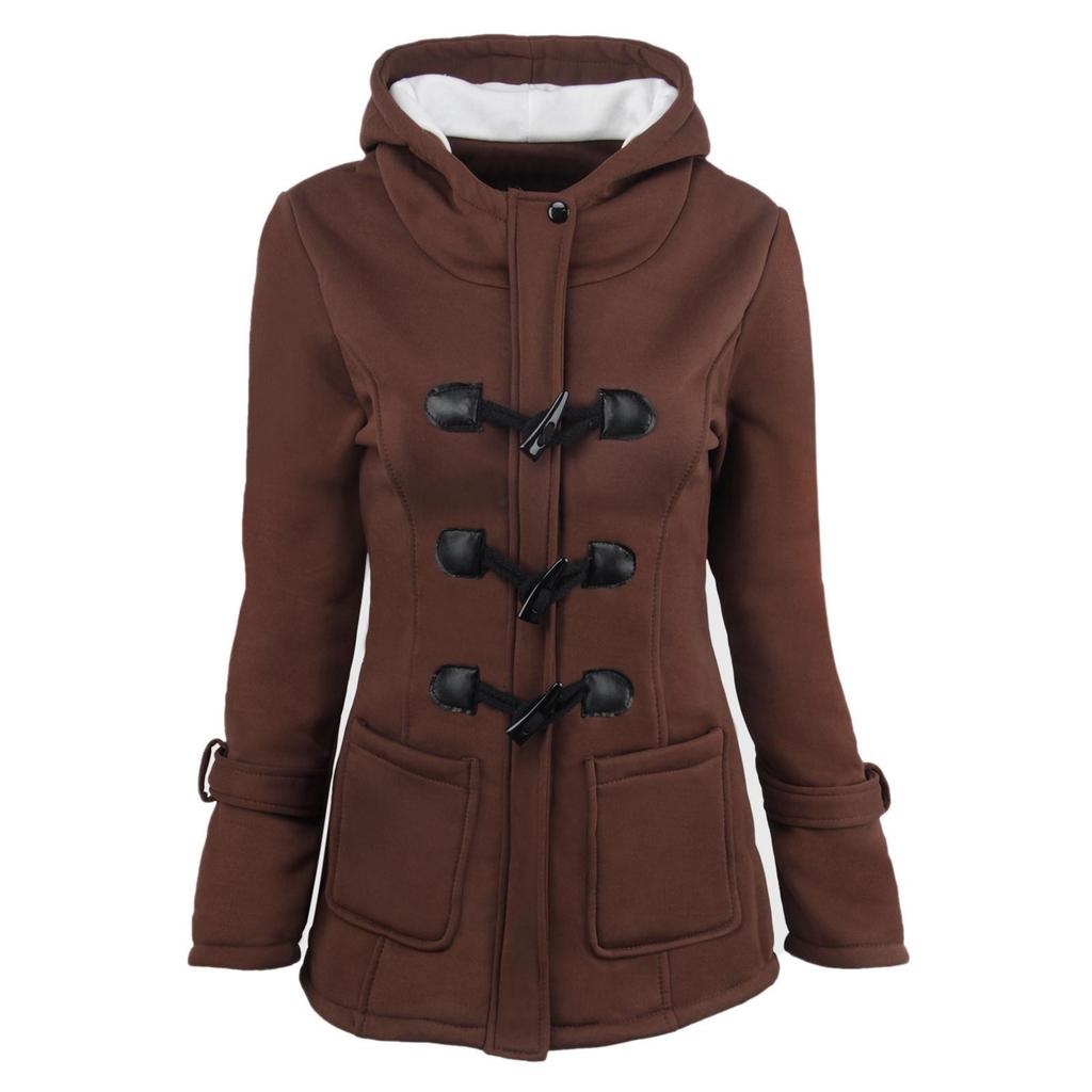 Frauen einfarbig Horn Knöpfe Strickjacke gepolsterte Kapuze Mantel Jacke Mantel