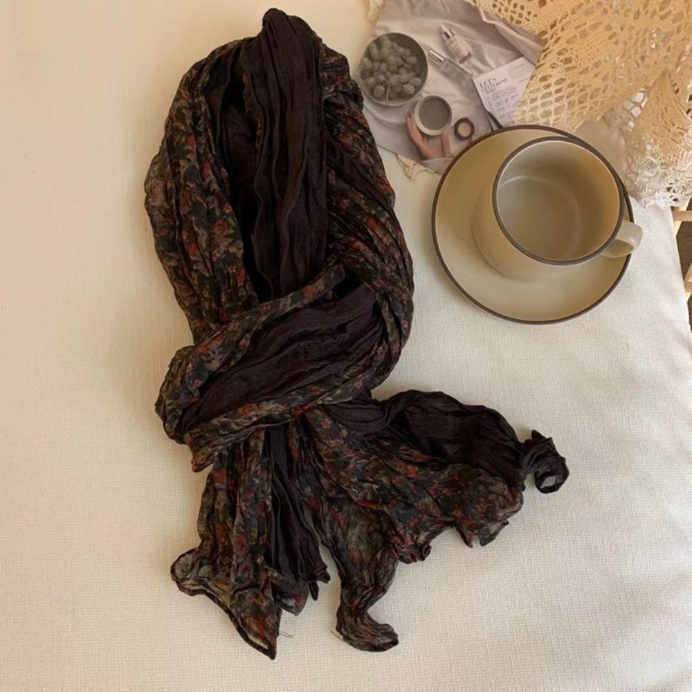Keep Warm Pleated Printed Scarf Vintage Shawl Wrap Floral Cotton Linen Scarf
