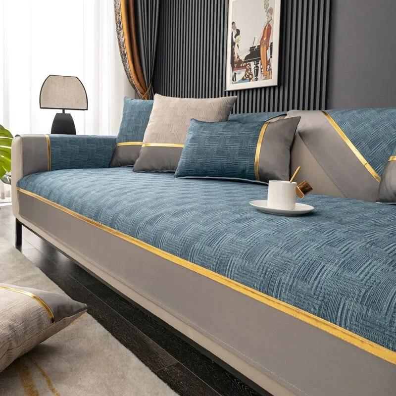 

Чехол для дивана с золотой линией и серым краем, роскошные угловые чехлы для диванов, коврик, 4 сезона, универсальный чехол, подушка для дивана, одеяло для гостиной 90x240cm 1pcs