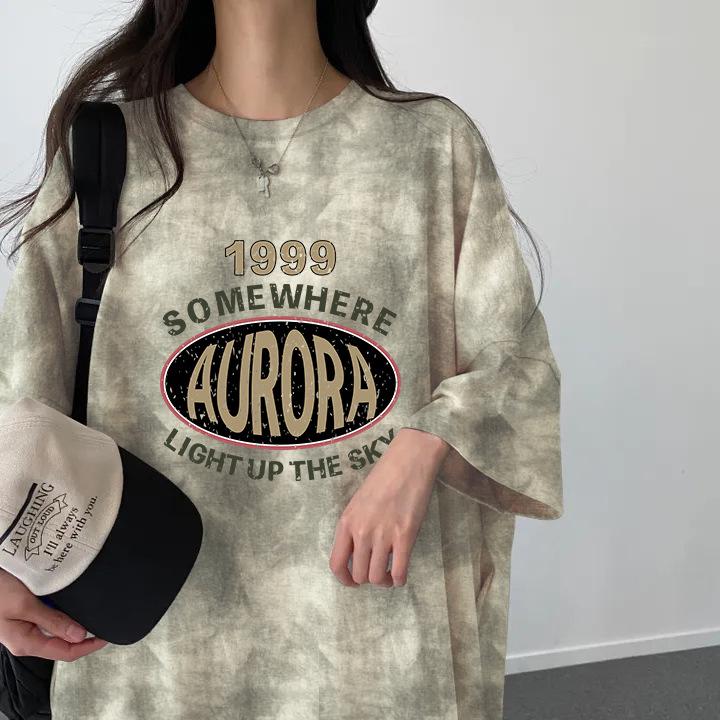 

2024 Summer Women s Tie-Dye Loose Letter Print T-Shirt Dress: Casual Korean Short Sleeve Slimming Style L