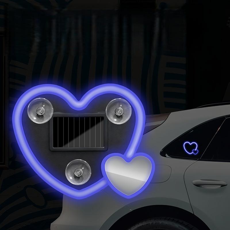 1 Set Car Window Suction Cup Led Atmosphere Light Heart Shaped Car Ambient Light 500Mah Solar/Usb-C Rechargeable Neon Lamp