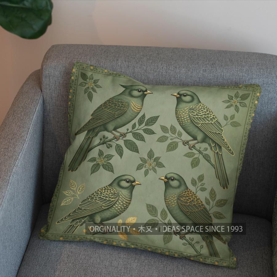 2D Enchanted Green Birds And Leaves Cushion Cover Pattern Cushion Cover Suitable For Sofa Bedroom Car Pillow Cover