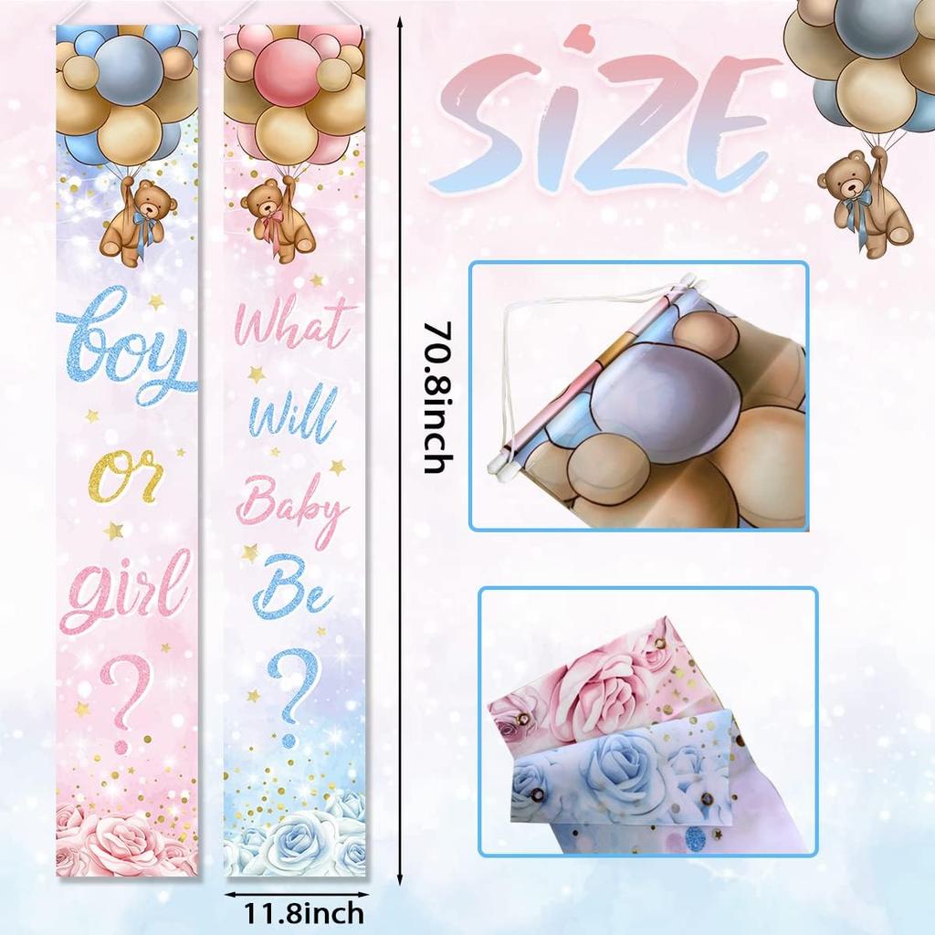 Baby Bear Gender Reveal Decorations - Boy or Girl Porch Sign Banner, Pink Blue Balloon Baby Shower Door Hanging Banner for Party Supplies