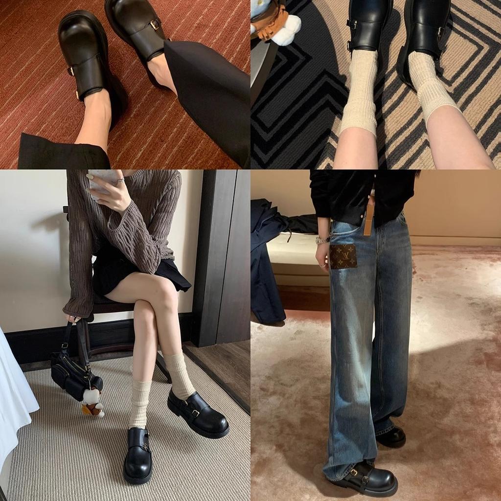 Grape mother studiolee double buckle with round head one pedal ugly cute versatile retro British style big head leather shoes women