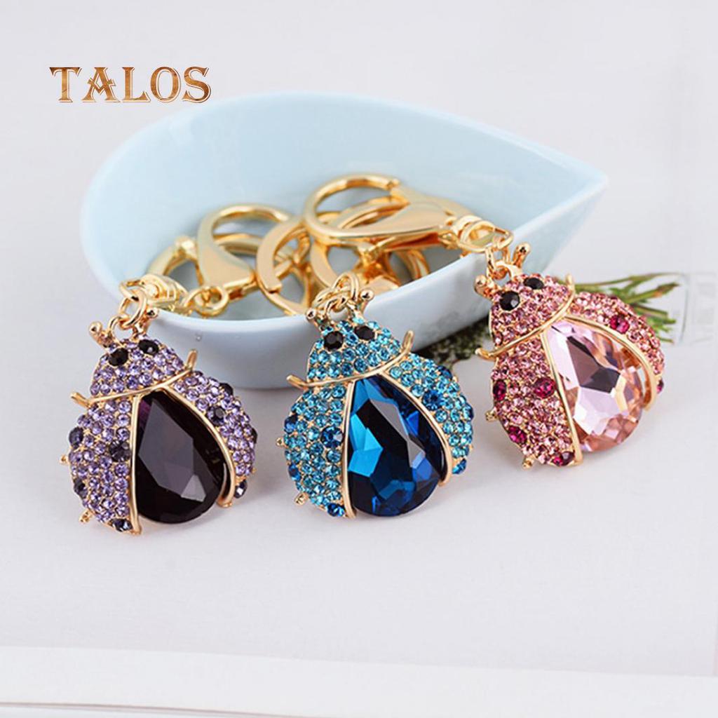 Women Cute Ladybug Shape Crystal Stone Keychain Keys Ring Chain Holder Bag Decor Suspension Trinket
