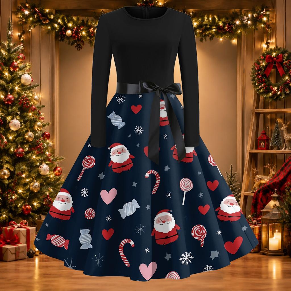 Women's Casual Christmas Print Long Sleeve Round Neck Slim Fit Flared Party Dress