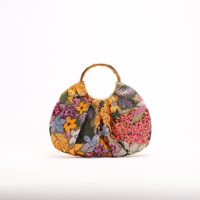 Wind Bamboo Knot Handbag with Colorful Sequins, Mesh, Flower Patterns, Linen Bottom Fabric, Beach Vacation Bag