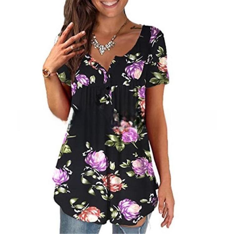 Women Summer Casual Floral Print Short Sleeve Henry Shirt