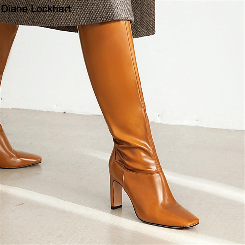 Fashion 2025 Plus Size 34-43 Square Toe Women Boots Hight Heels Knee-High Boots Ladies Shoes Simple Winter Boats Black Yellow Green Red