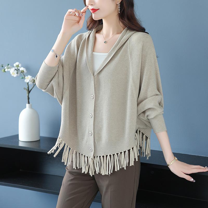 

Hooded Knitted Cardigan for Women Spring and Autumn Tassel Top Mother Sweater Jacket S хакі