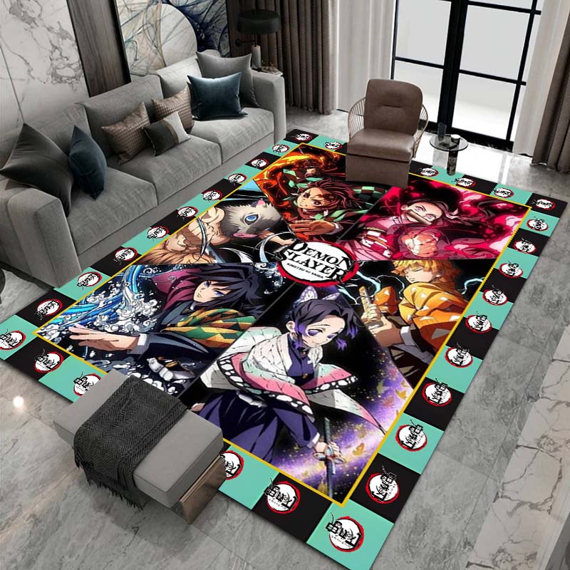 Cute cartoon Kimetsu no Yaiba rug, suitable for playrooms, bedrooms, living rooms, sofas, and other home décor; non-slip rug for