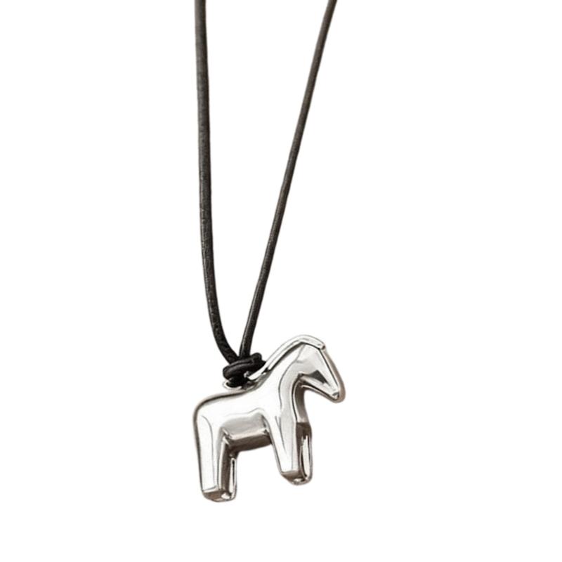 Soft Leather Cord Necklace Featuring Detailed Horse Charm Fashionable for Women