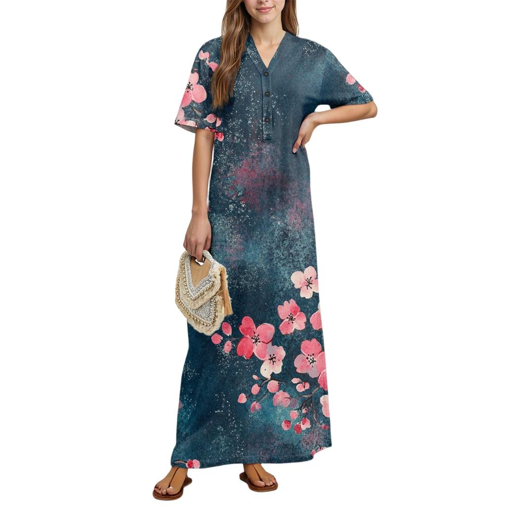 Women's Fashion Printed Nightgown Home Clothes Short Sleeve Nightgown With Pockets Long Dress