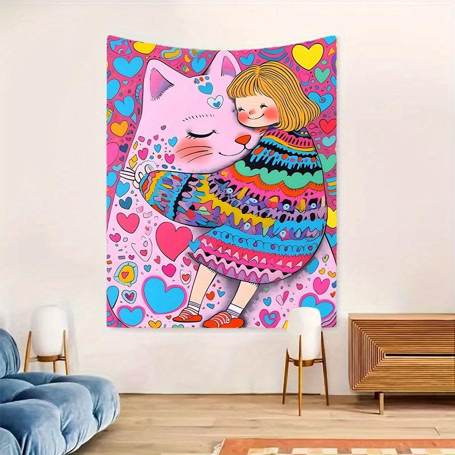 Cuddly Cat and Girl Tapestry Colorful Heart Wall Art for Bedroom or Living Room Large Decorative Hanging Add Whimsical Charm