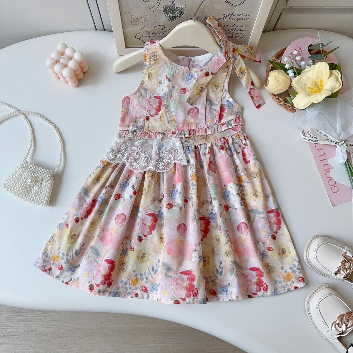 Summer Girls Floral Sleeveless Lace Dress With Bowknot Princess Toddler Baby Vest Dress For Kids 90cm