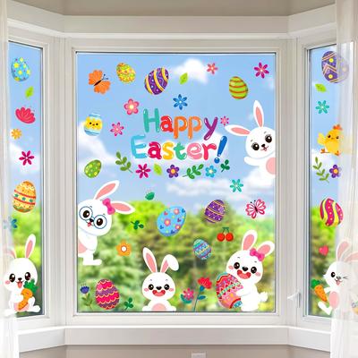 137 piezas-Pegatinas estáticas para ventanas de Pascua, Pegatinas decorativas de doble cara de huevo de conejo para ventanas, Pegatinas de decoración de ventanas para fiestas