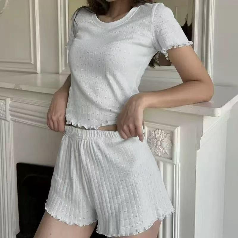 2026 European & American Casual Jacquard Ruffle Trim Slim Fit Two-Piece Set: Round Neck Short Sleeve Top & Shorts