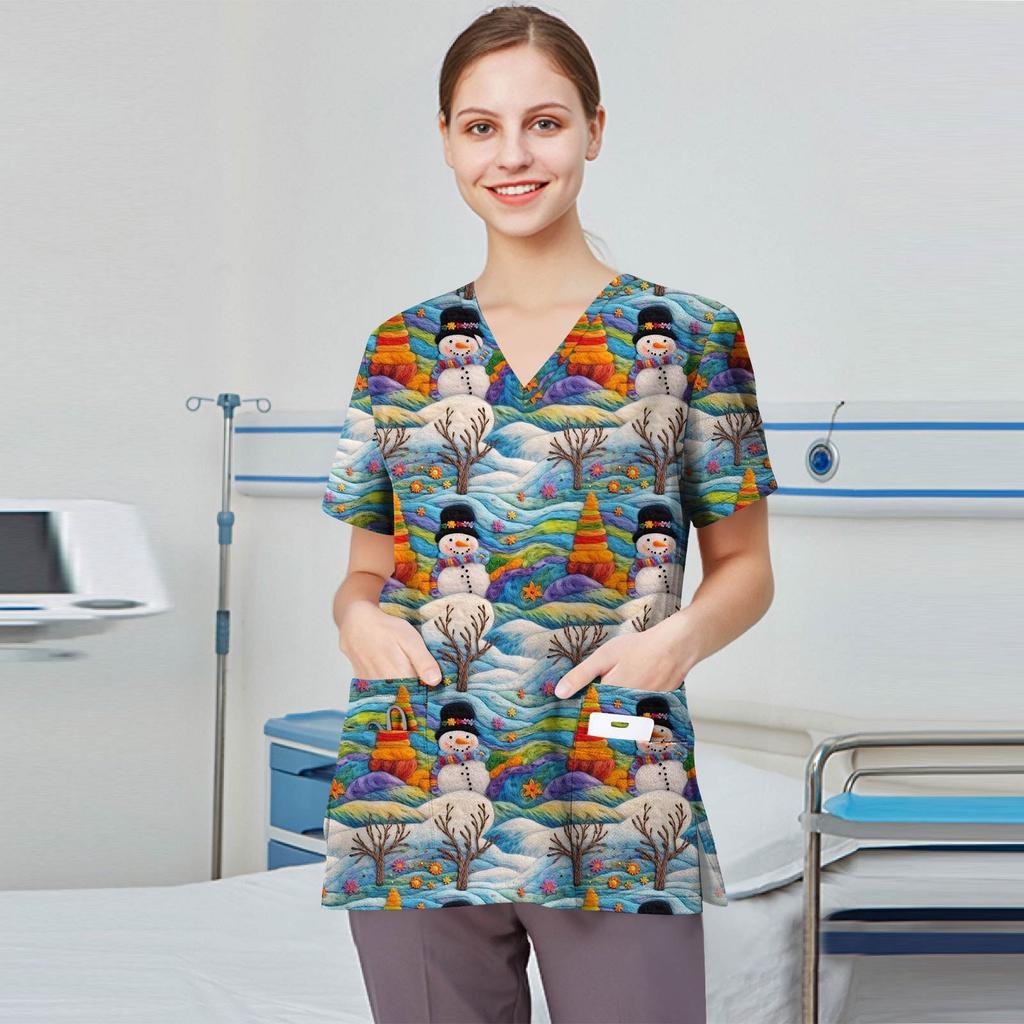 Women's Fashion Printed Short Sleeve V Neck Pattern Tops Pocket Working T-shirts