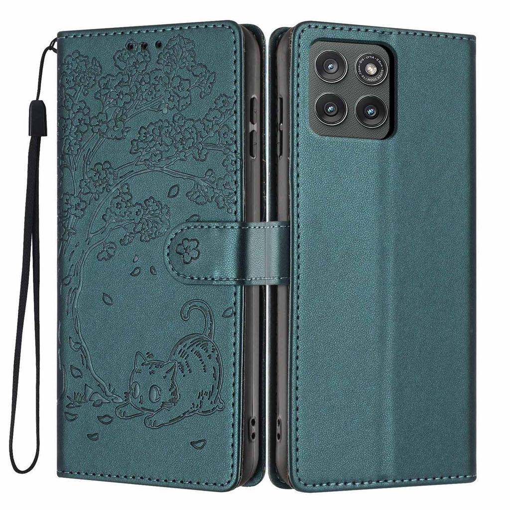 For Motorola Edge (2025) 5G Stand Case Tree-and-Cat Pattern PU Leather Wallet Protective Phone Cover with Wrist Strap