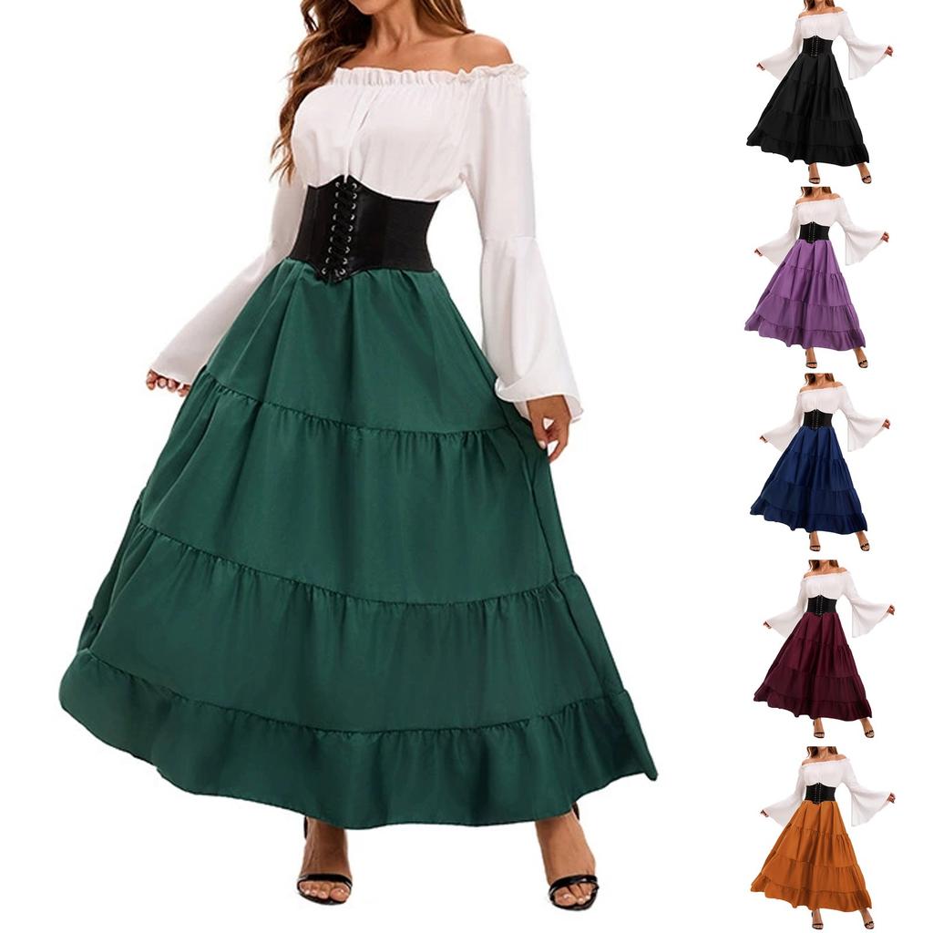 Women's Fashion Retro Maxi Dress Trumpet Sleeve Waist Dress