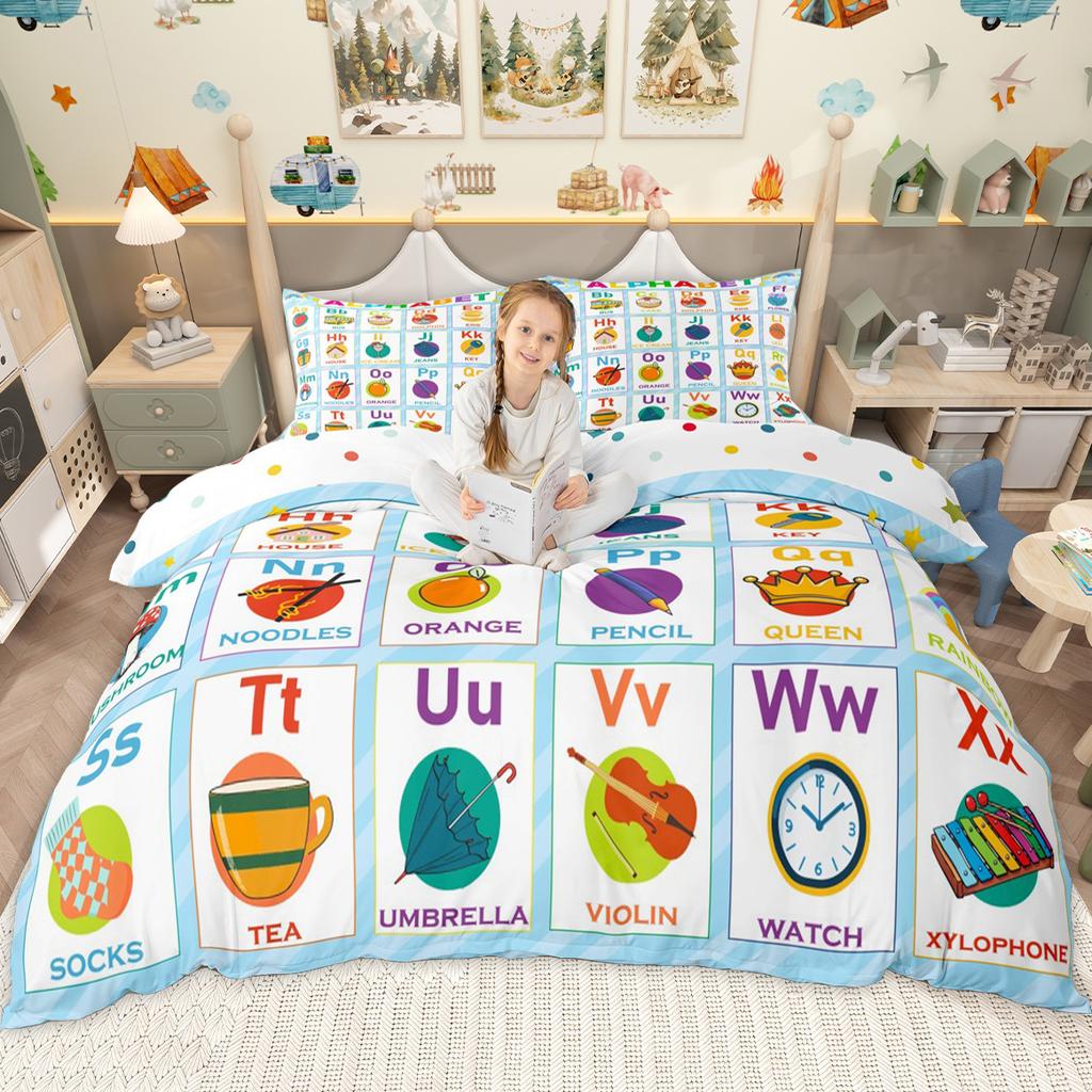 Homewish Kids Alphabet Duvet Cover Set For Boys Girls Monogrammed Bedding Set School Life Theme Comforter Cover Set