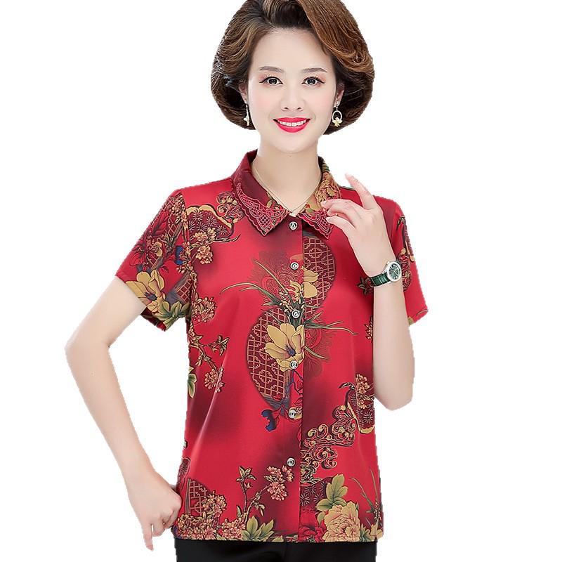 Faux Silk Short Sleeve Blouse for Middle-Aged and Elderly Women - Petite Fit, Mom Style