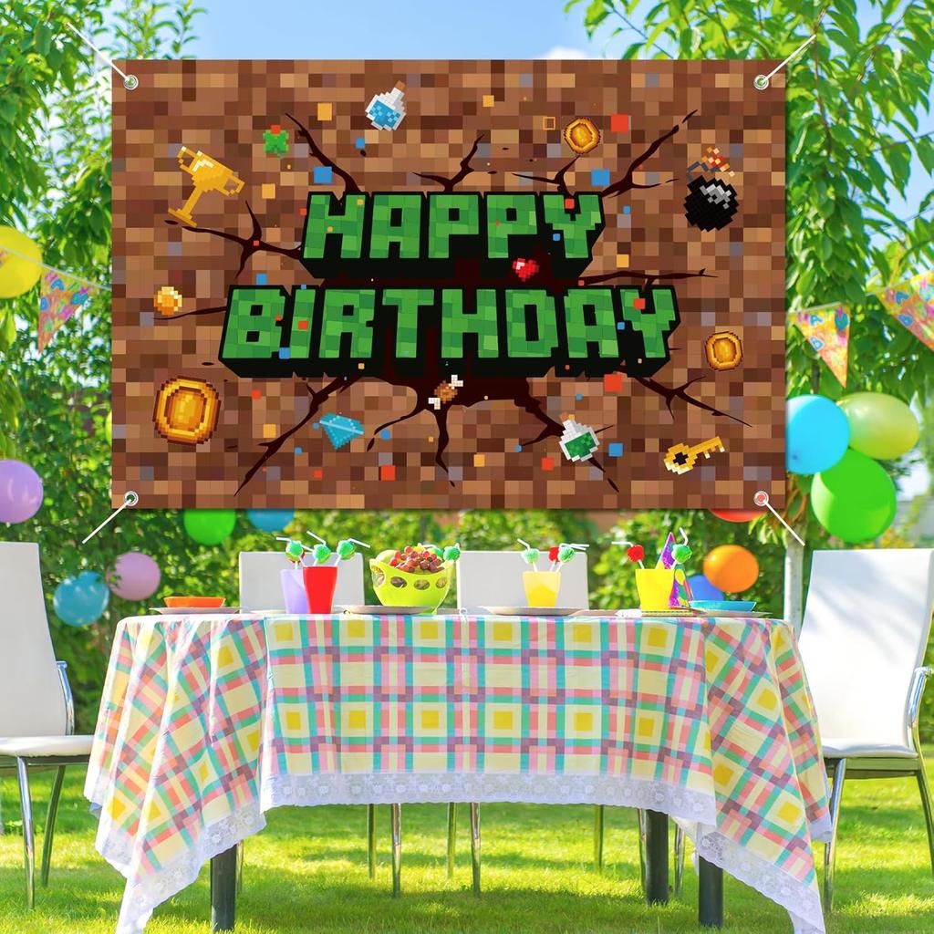 Pixel Birthday Decorations, 5x3 ft Happy Birthday Banner Backdrop for Miner TNT & Pixel Themed Celebration Kids Boys Game Party Supplies