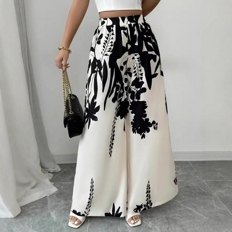 2026 Spring/Summer Women's Fashion Black and White Printed Slimming Casual Wide-Leg Pants