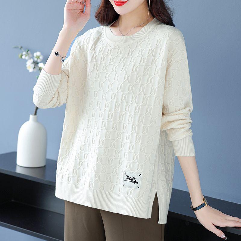 Spring and Autumn Women's Plus Size Knit Sweater Thin Loose Crew Neck Pullover Knitwear Short Slit Stretch Knit Top Jumper