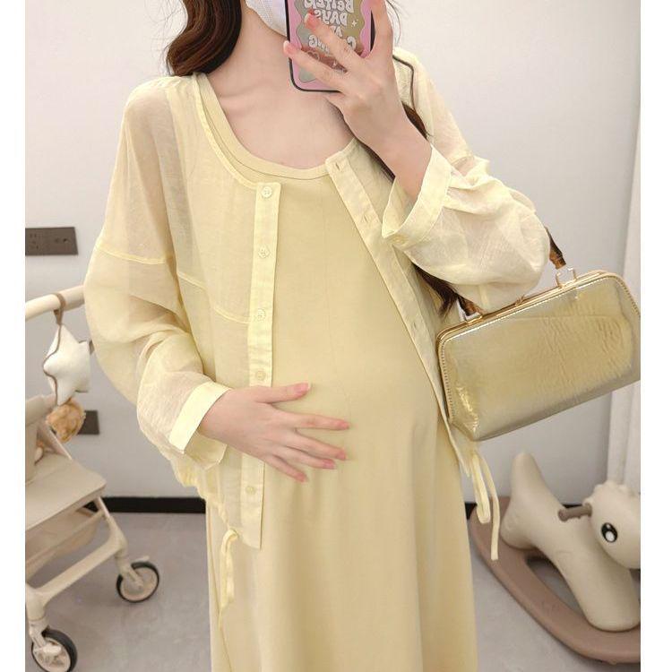 Maternity Outfit Set: Spring/Summer Korean Style Cardigan & Vest Dress for a Chic Pregnant Mother XL