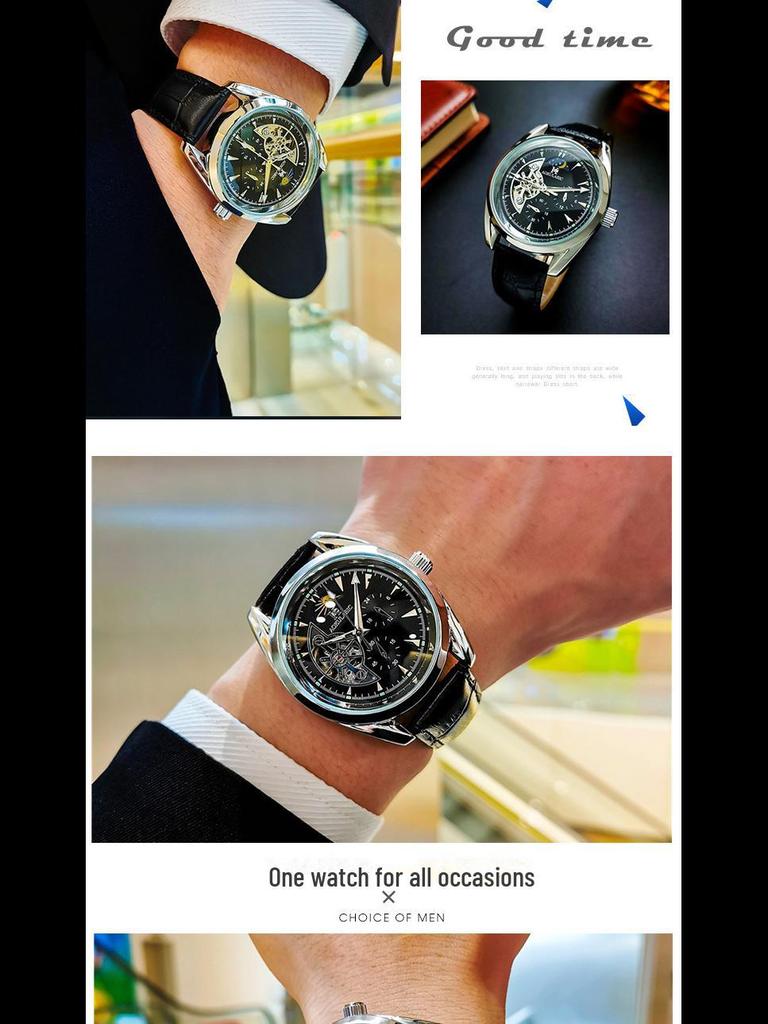 Men's High-End Hollow Flywheel Mechanical Watch - Automatic, Waterproof, Luminous, Moon Phase, Multifunction.