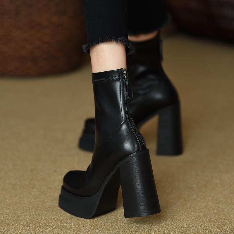 Skinny Elastic Boots Thick Heel Short Boots Women's 2025 Autumn and Winter New Women's Boots Waterproof Back Zipper High Heels
