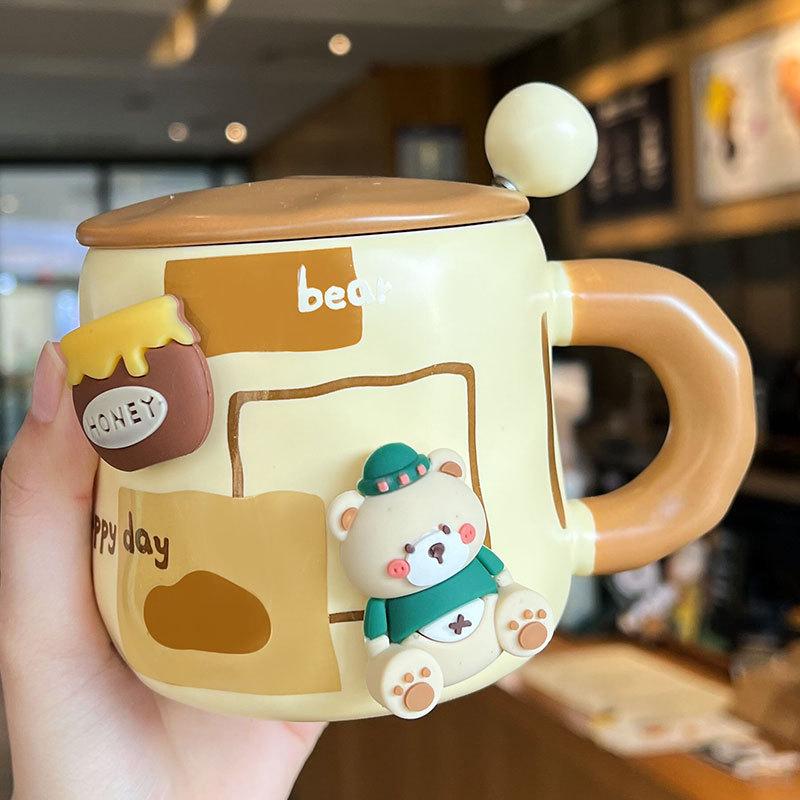 Nový hrnek s víčkem a lžičkou, roztomilý keramický hrnek pro pár, suvenýr, kreativní kancelářský hrnek na kávu a vodu