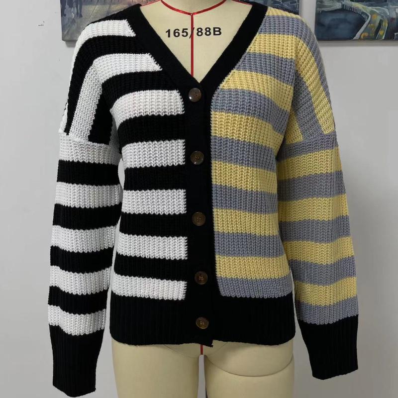 

IHUASU Осенне-зимняя полосатая мода свободный женский трикотаж импортная торговля однобортный кардиган джемпер XL чёрный