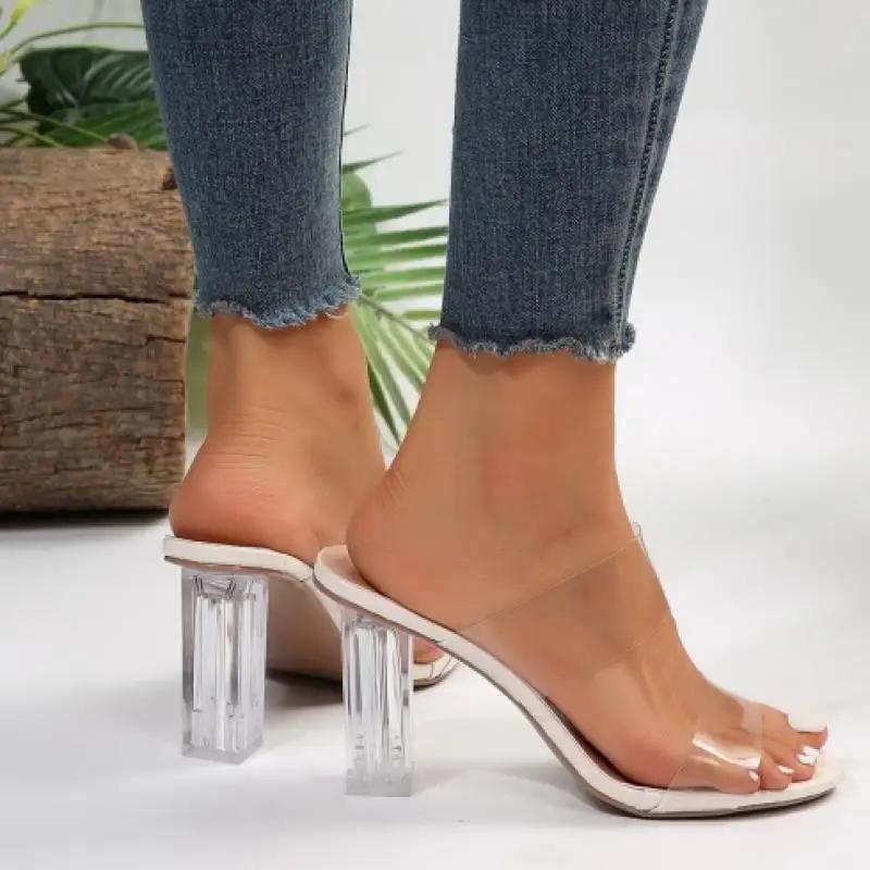 Elegant Transparent Pvc Sandals Women Summer Thick High Heels Crystal Slippers Woman Square Toe Slip On Plus Size Dress Shoes
