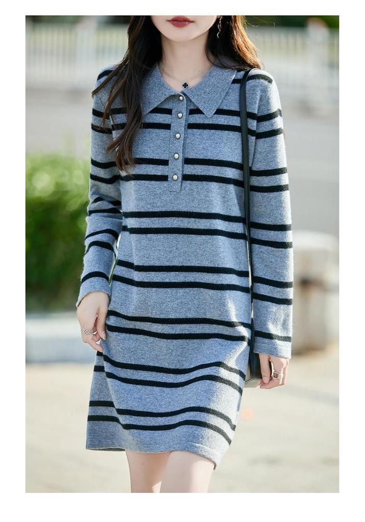Women's Striped Wool Knit Sweater Dress with Half-Open Button-Up Polo Collar