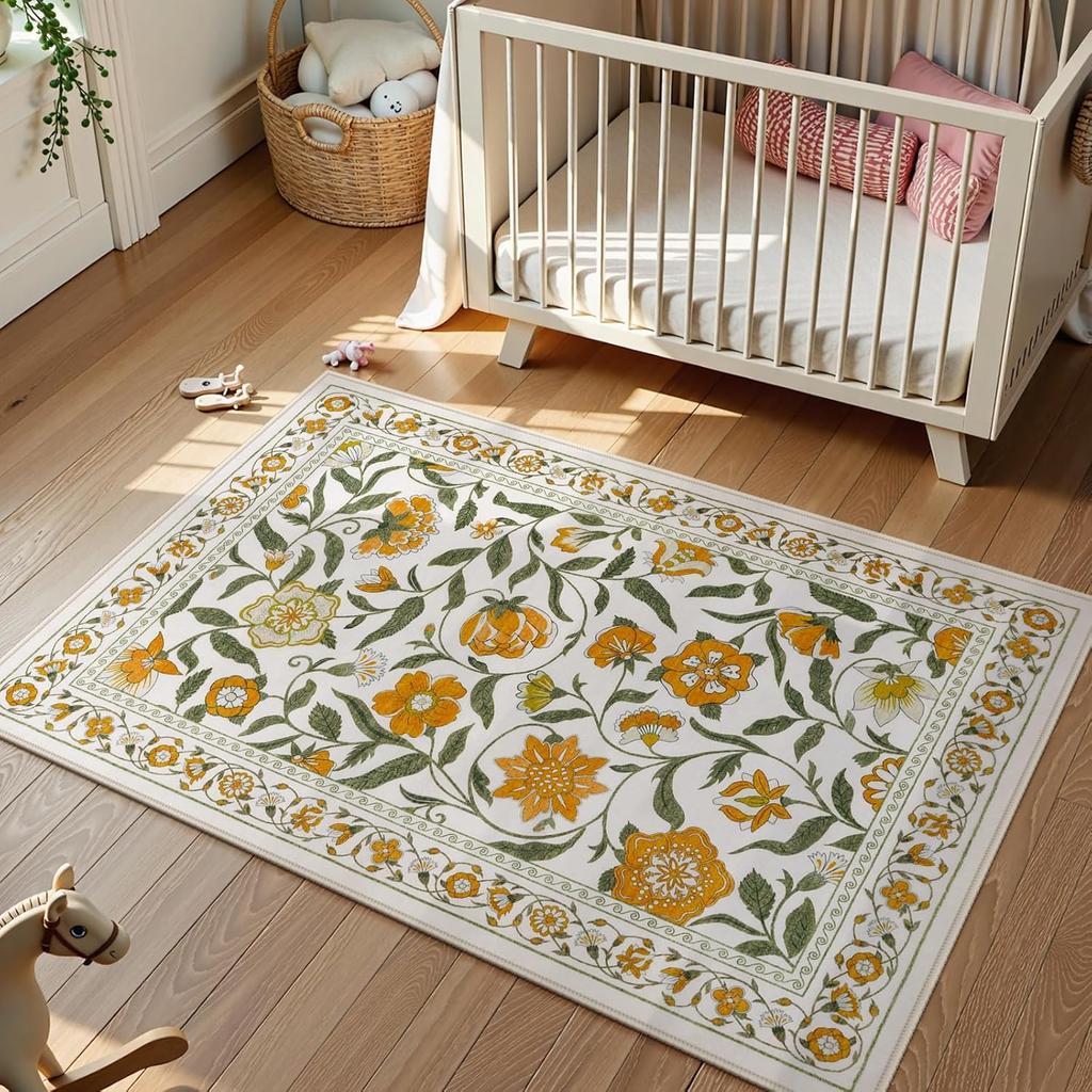 Alfombra con Patrón Floral Colorido Borde Floral Alfombrilla Antideslizante Adecuada para Dormitorio Sofá Entrada Decoración del Hogar