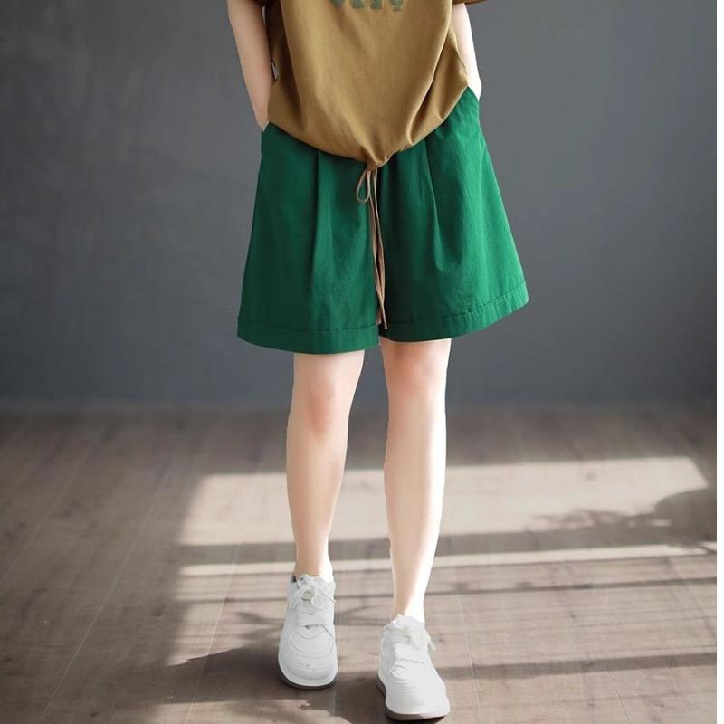 Womens Pure Cotton Solid High Waist Wide Leg Loose Plus Size Five Point Shorts