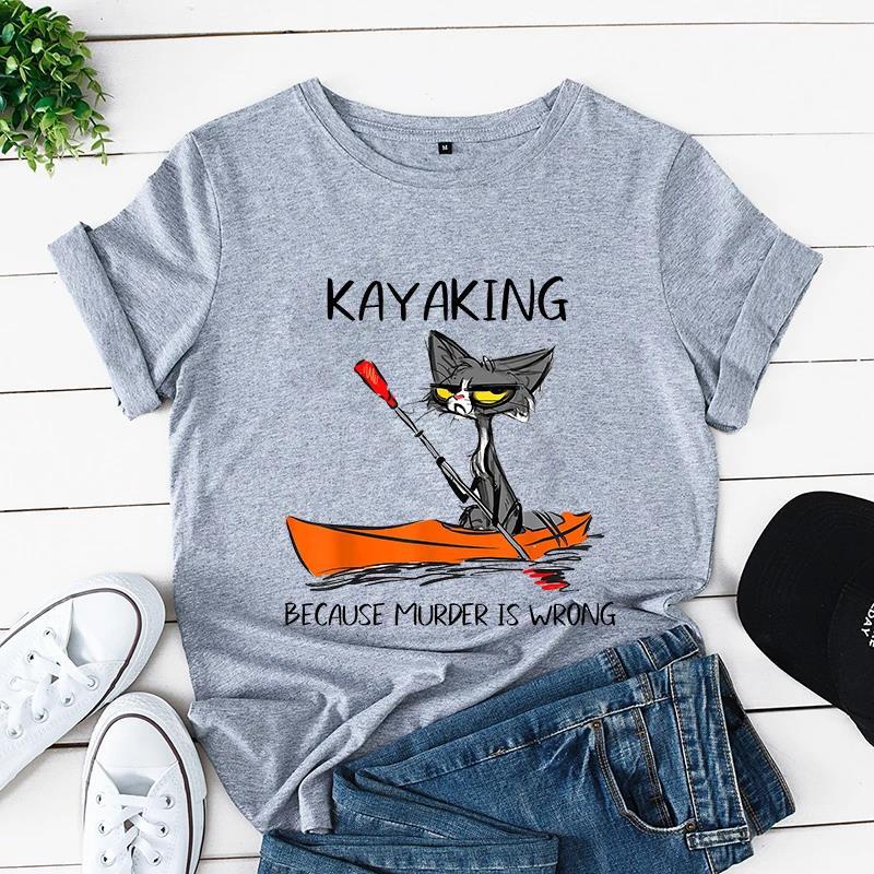 Sommer Kurzarm T-Shirt bedruckt mit Schwarzer Katze Gartenarbeit Lässig Lockeres Oberteil, Modische Reine Baumwoll-T-Shirts Damen