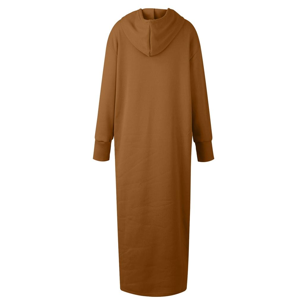Dámská jednobarevná mikina s dlouhým rukávem a kapucí se spodním okrajem větších velikostí, rovná kapsa, volné dlouhé šaty