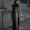 Goth Dark Cosplay Hoher Schlitz Sexy Bandage Damenkleider Y2K Mall Gothic Neckholder Slim Midi Kleid Schwarz Grunge Stil Alt Partykleidung