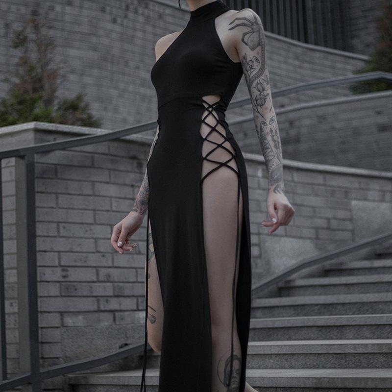 Goth Dark Cosplay Hoher Schlitz Sexy Bandage Damenkleider Y2K Mall Gothic Neckholder Slim Midi Kleid Schwarz Grunge Stil Alt Partykleidung