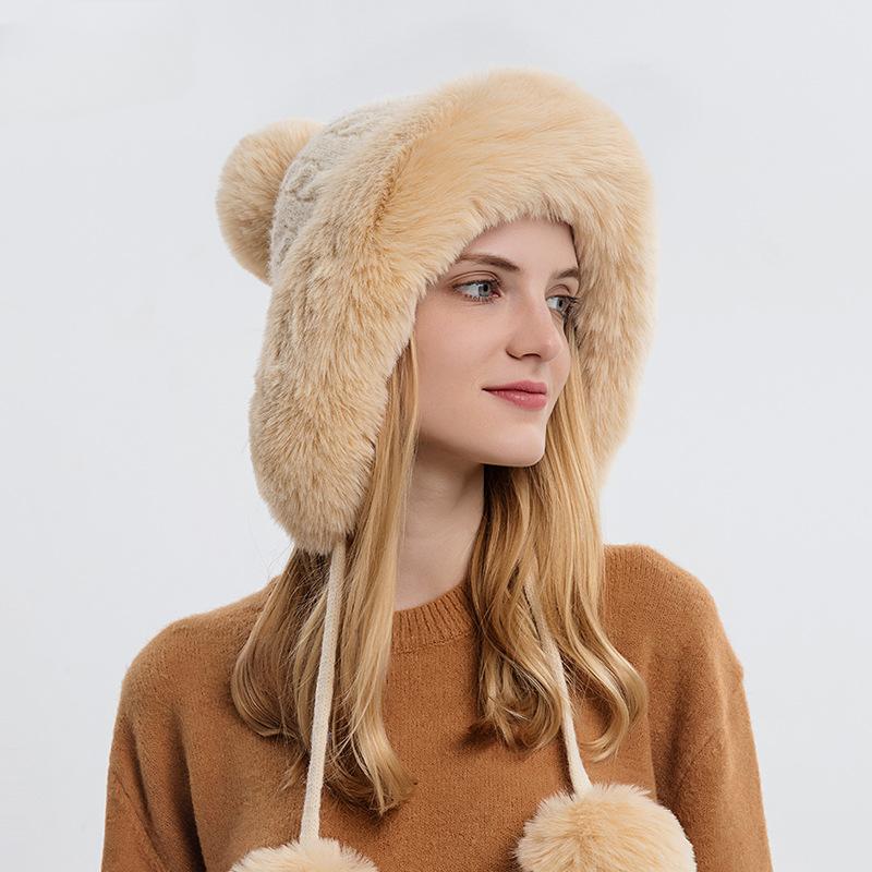 Autumn and Winter Women's Sleeve Cap Outdoor Thickened Velvet Cold Protection Keep Warm Pure Color Knitted Hat