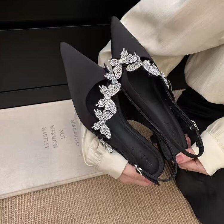 2025 Summer New Chinese Pointed Rhinestone Bag Head Sandals Women's Butterfly Satin High Heels Thin Heel One-word Strap Single Shoes