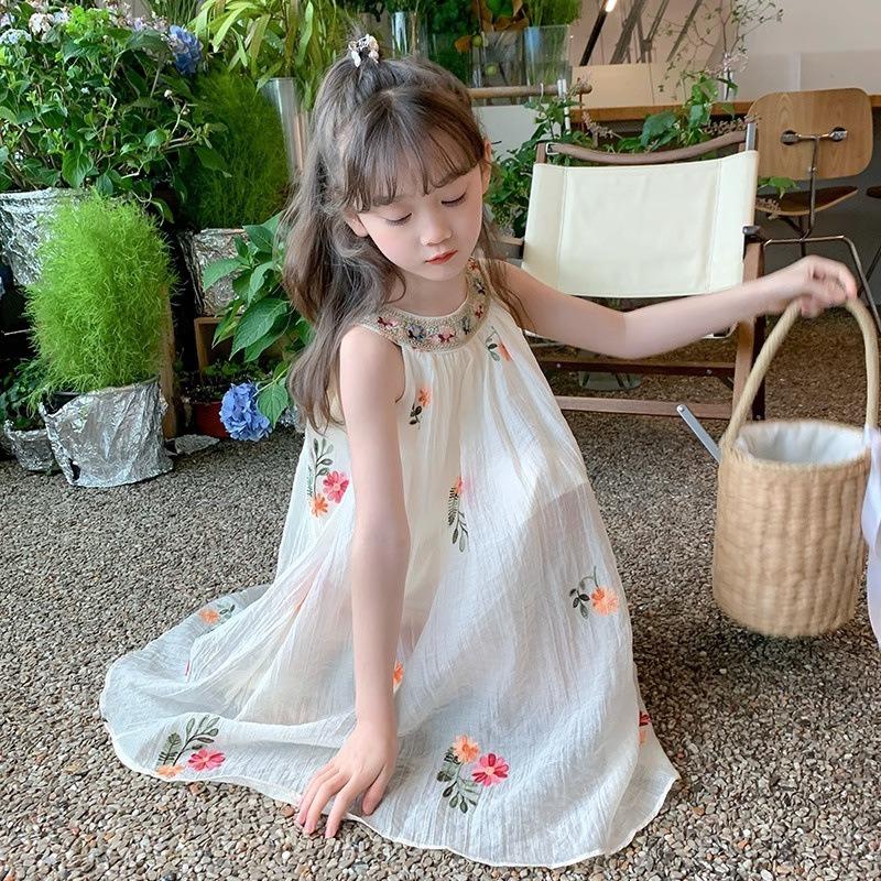Summer Arrival Neck Embroidered Dress Floral Embroidered Mesh Layered Sleeveless Dress Girls Cute