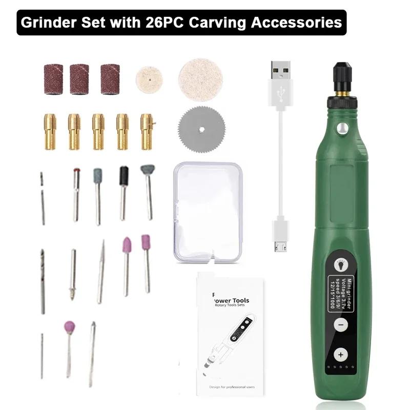 USB Rechargeable Electric Drill Mini Multifunction Electric Grinder 5 Gears with Light Polishing Machine Practical Abrasive Set