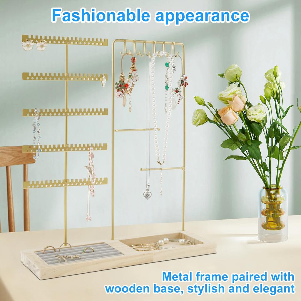 5-Tiers Earring Display Holder Stand Metal Necklace Bracelet Anklet Stud Earring Jewelry Storage Organizer Wooden Base Stand