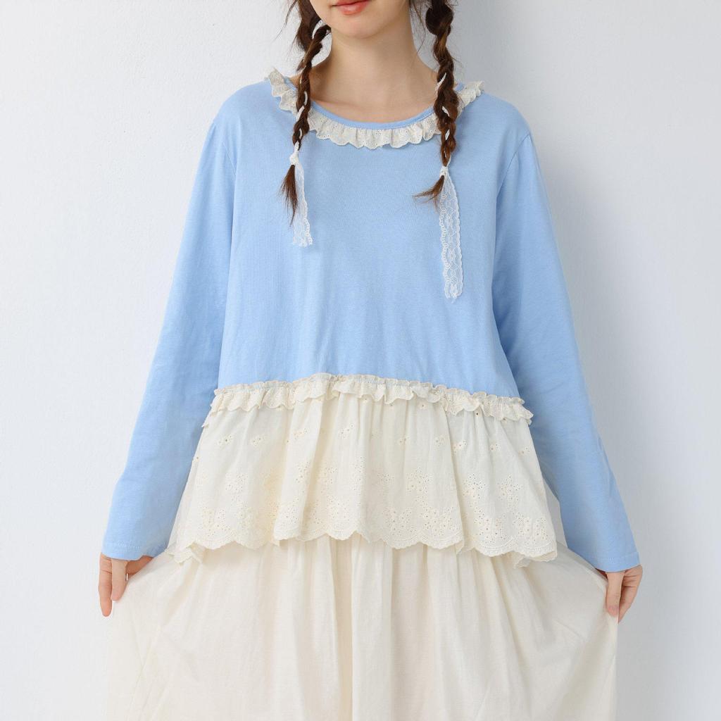 Spring Japanese Literary Lace Collar Knit T-shirt: Loose Embroidered Pure Cotton Layered Top for Women