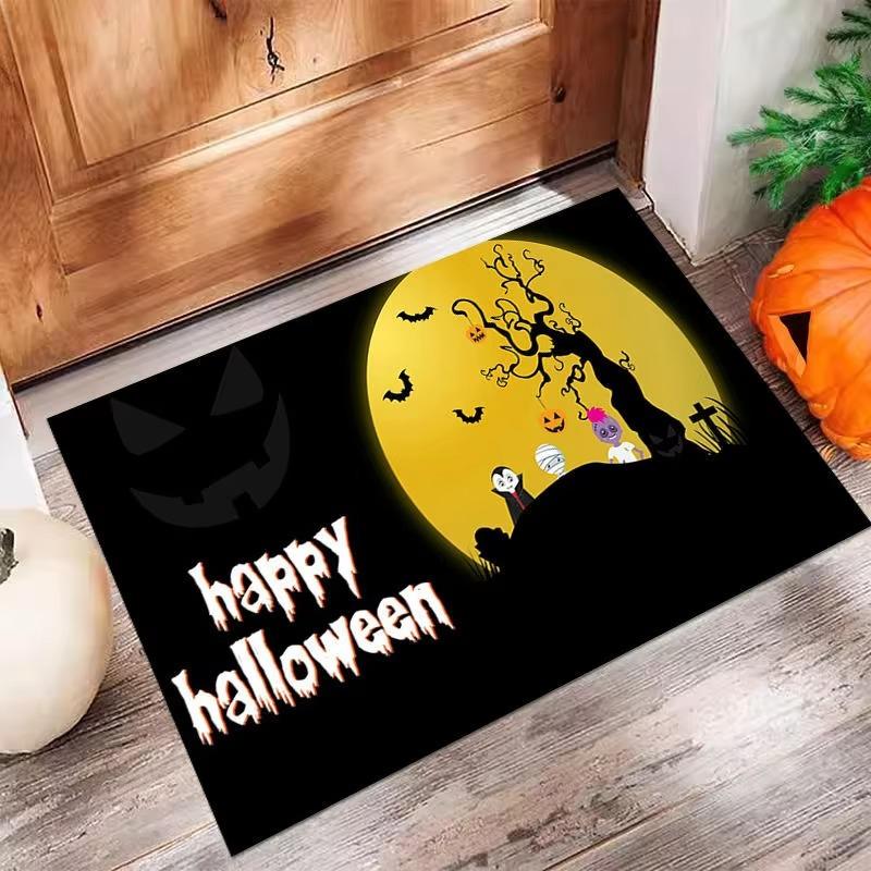 Halloween Theme Door Mat With Pumpkin Bat Black Cat Ghost Castle Patterns Fun Cartoon Spooky Atmosphere Decorative
